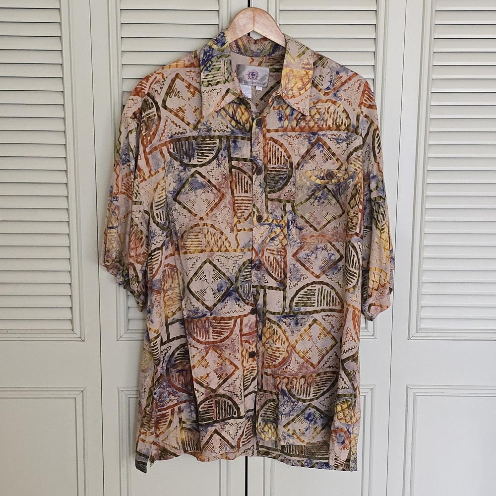 Vintage Territory Ahead Rayon Shirt Mens L Fits XL Abstract Batik Hawaiian 90s